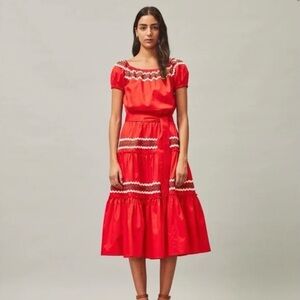 NWT Tory Burch Embroidered Red Peasant Dress Size Small Midi Tiered Cotton